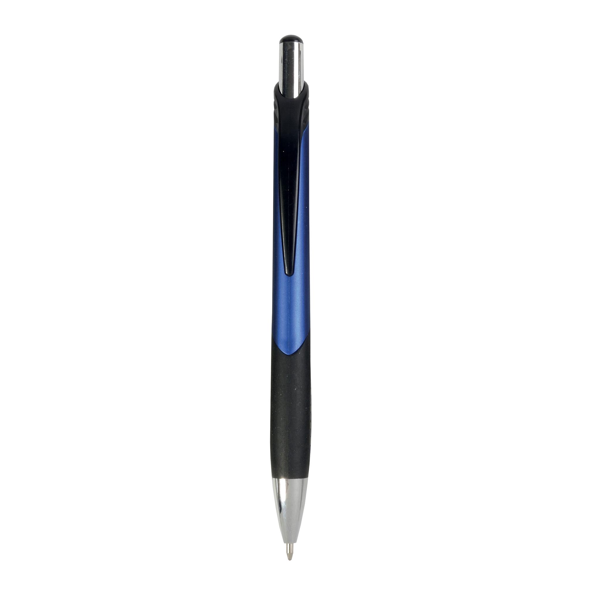 Penna a scatto in plastica con fusto metallizzato, impugatura gommata nera Penna a scatto in plastica con fusto metallizzato, impugatura gommata nera
